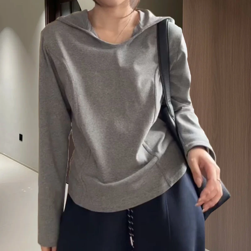 特大码200斤潮牌简约弧形下摆遮肚连帽长袖t恤女百搭时尚小众内搭