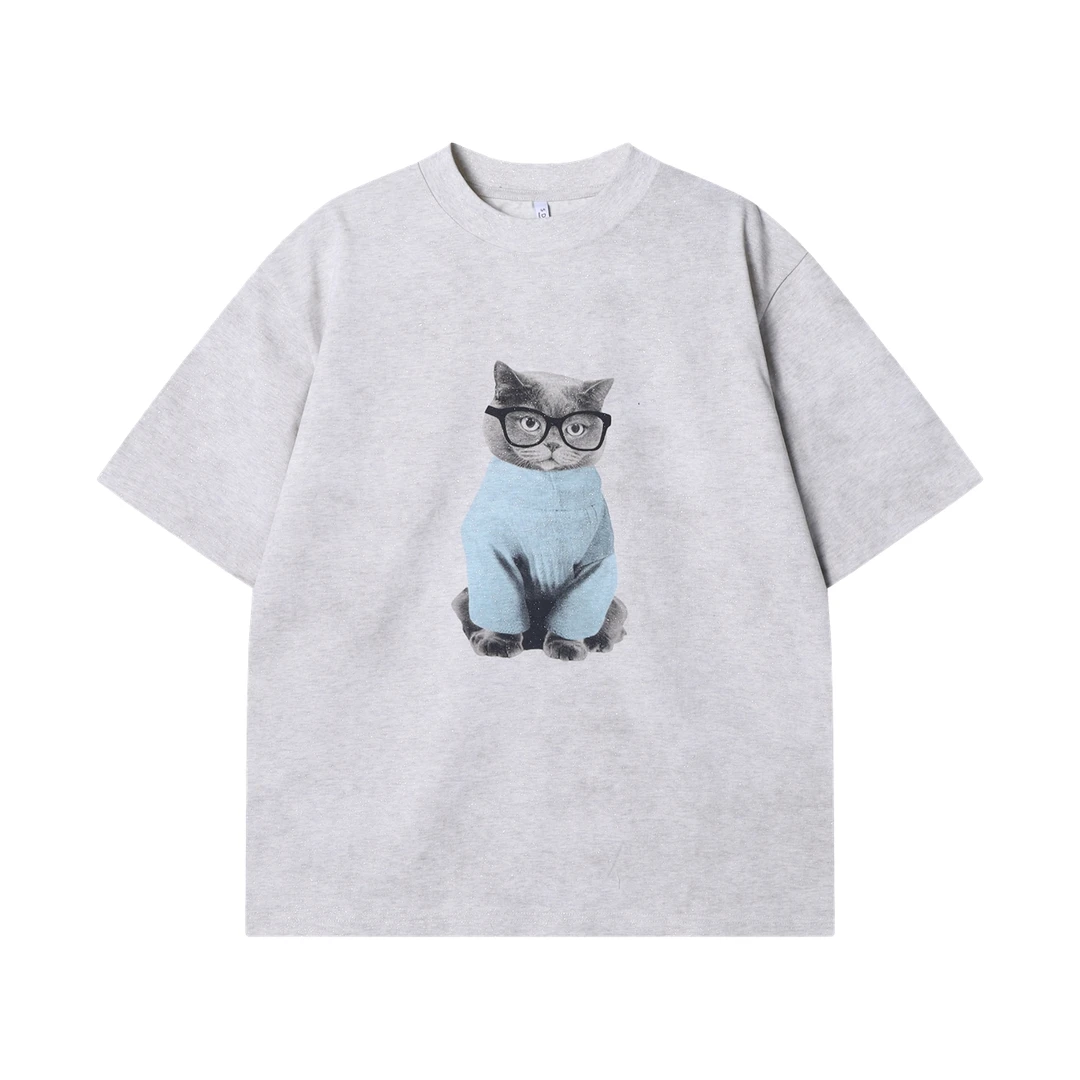 夏季高级感新款潮牌纯色洒金小猫印花圆领短袖T恤休闲情侣上衣
