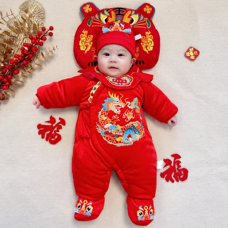 蛇年小龙年满月百天宝宝秋冬衣服婴儿包脚连体衣夹棉哈衣爬服5516