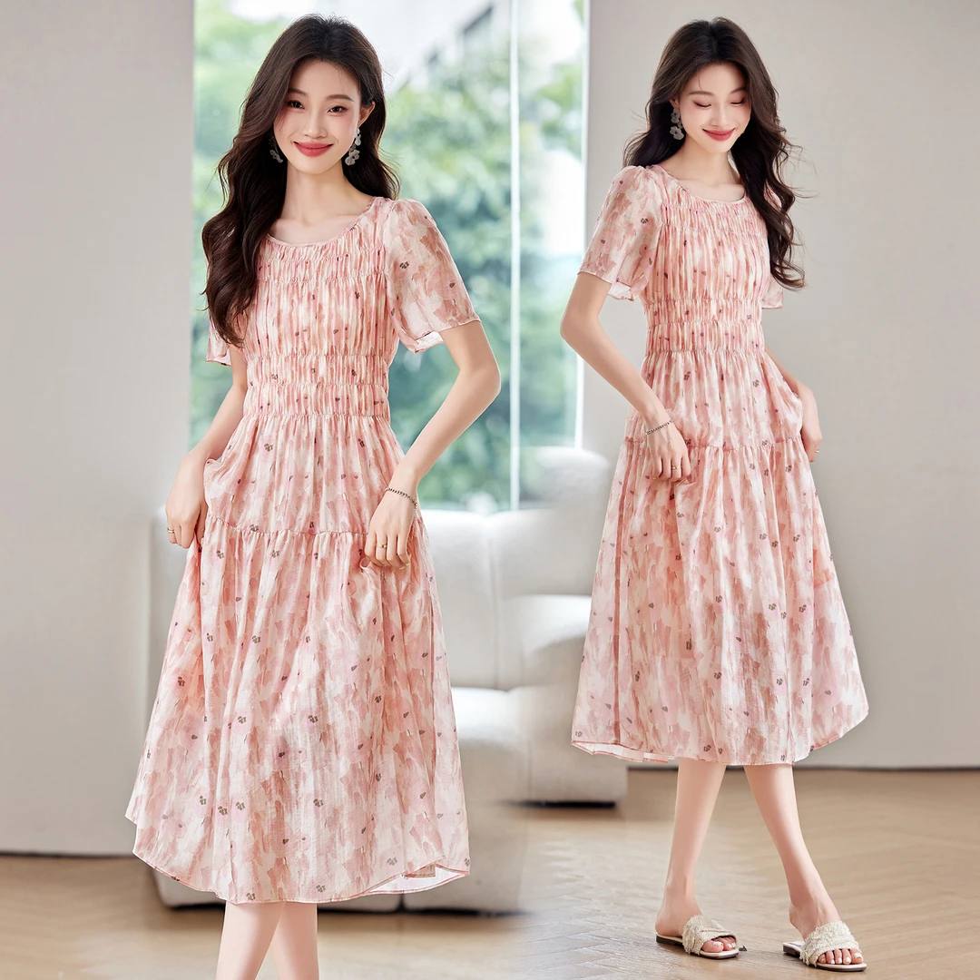 法式碎花气质连衣裙女2025夏季新款高级感收腰遮肚显瘦中长款裙子