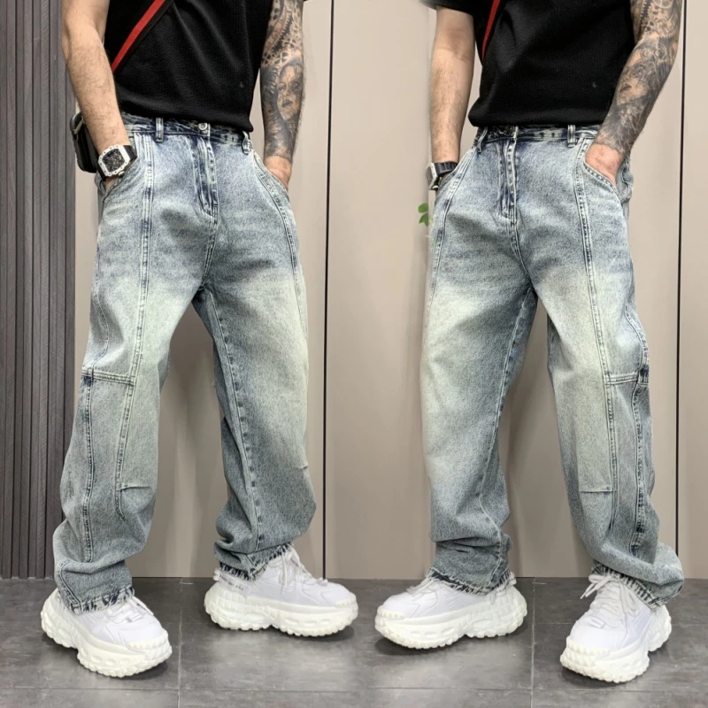 2025春秋季新款拼接直筒宽松牛仔裤男韩版弯刀裤痞帅哈伦香蕉裤