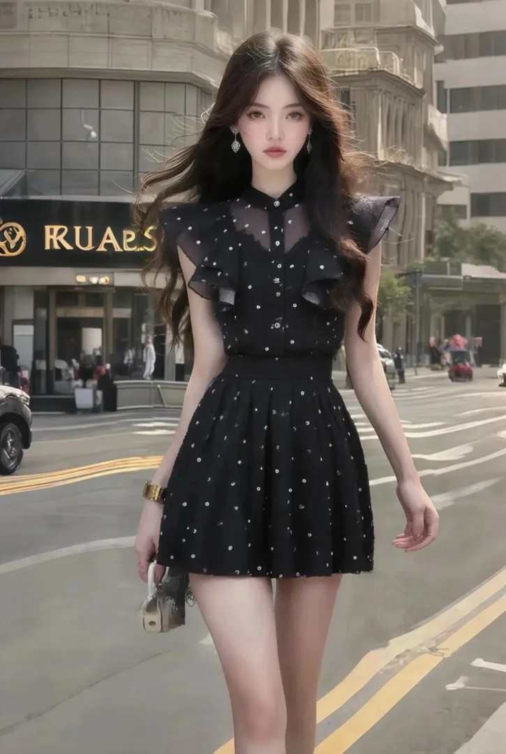 夏季2025新款黑色圆领波点收腰连衣裙女轻熟知性风气质氛围感穿搭