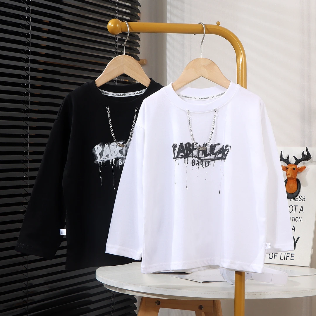 新款中大童纯棉T恤舒适百搭打底个性春秋长袖韩版圆领男童秋装