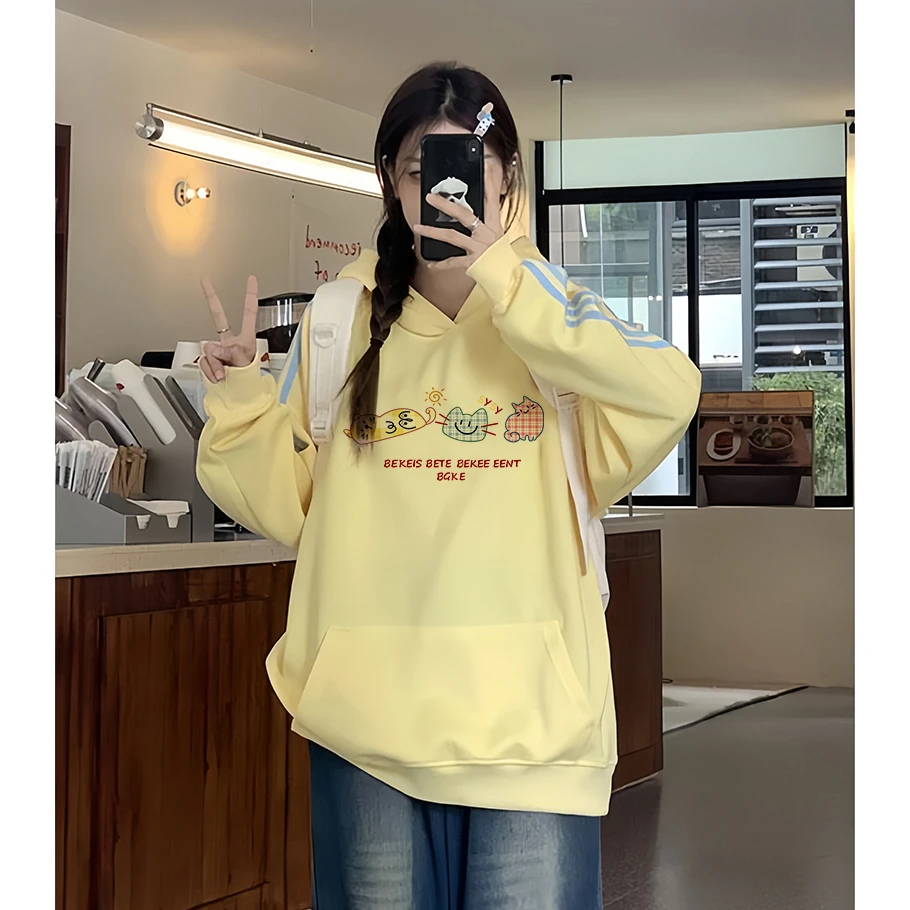 可爱猫咪印花侧边三杠条纹长袖卫衣衫女秋冬甜妹宽松连帽上衣ins