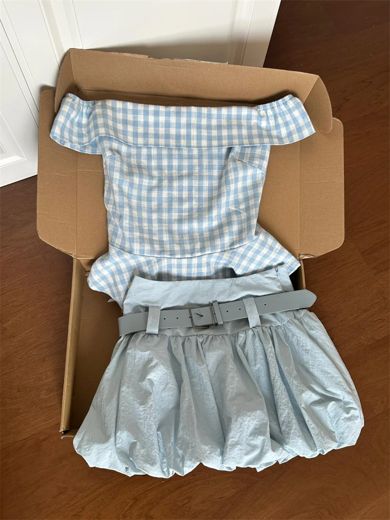 夏日绝美设计感酷飒拽姐套装女一字肩格子短袖上衣花苞短裙两件套