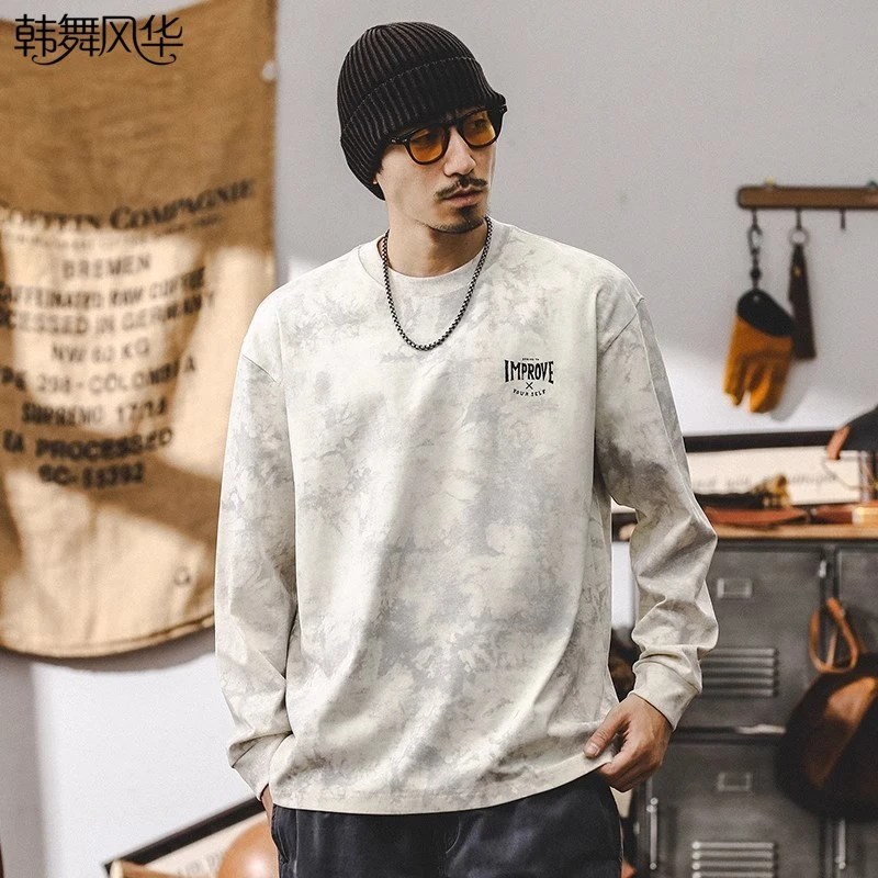 云染水洗长袖t恤男宽松圆领秋冬季美式复古潮牌宽松印花休闲上衣