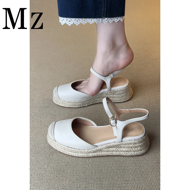 Mr.Zheng/5cm/厚底草编包头后空凉鞋夏季新款一字带浅口休闲女鞋
