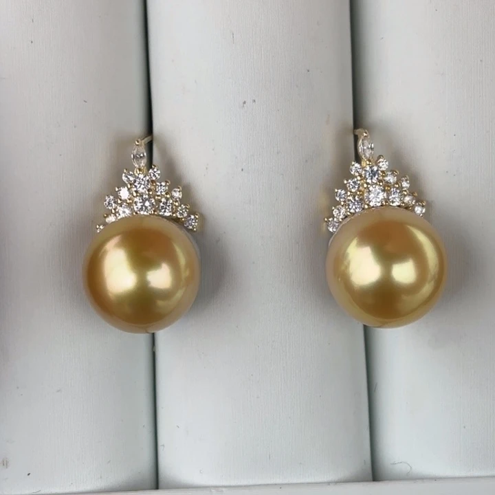 定制海水珍珠银S925镶嵌耳饰12-13mm金珠两颗