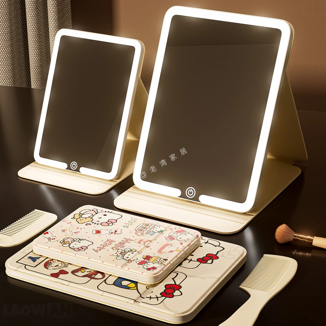 老湾可爱猫led灯发光镜梳折叠补妆化妆镜卧室台式桌面宿舍化妆镜