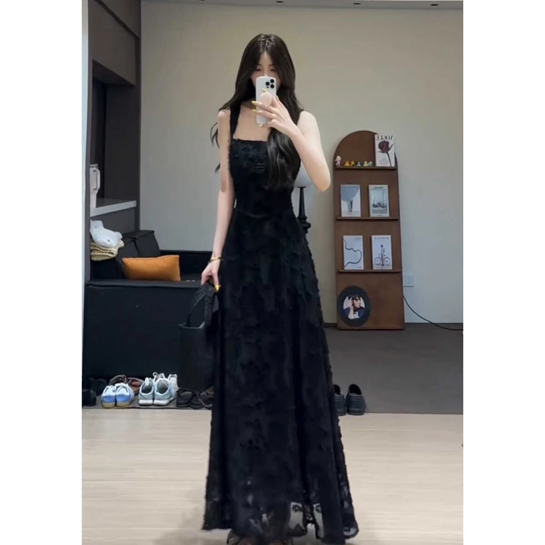 舒胡蕾 梦里花 女夏季提花吊带连衣裙黑色高级感气质收腰显瘦长裙