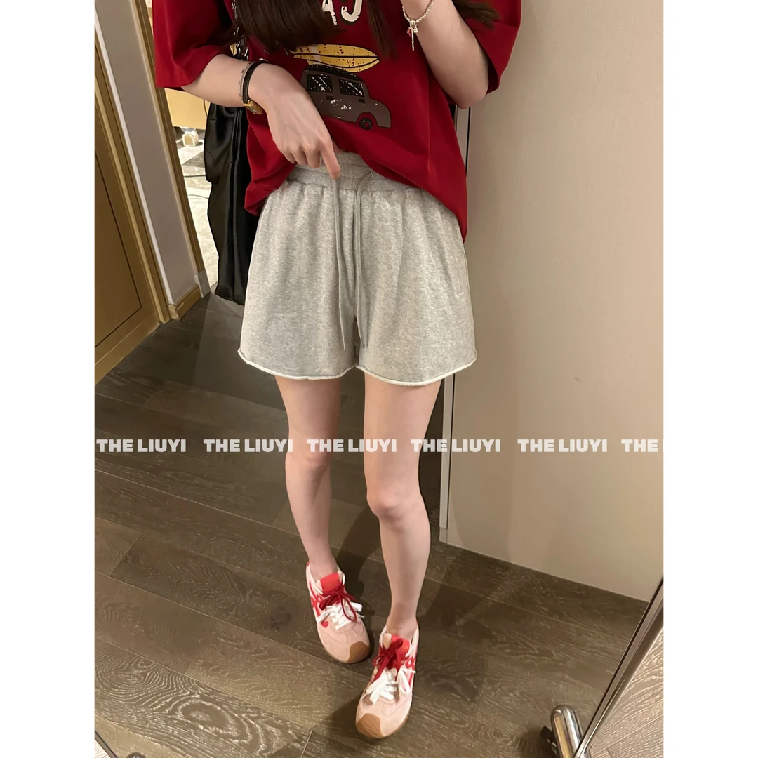【LIUYI】卷边短裤～夏季棉麻纯色卷边抽绳短裤55073