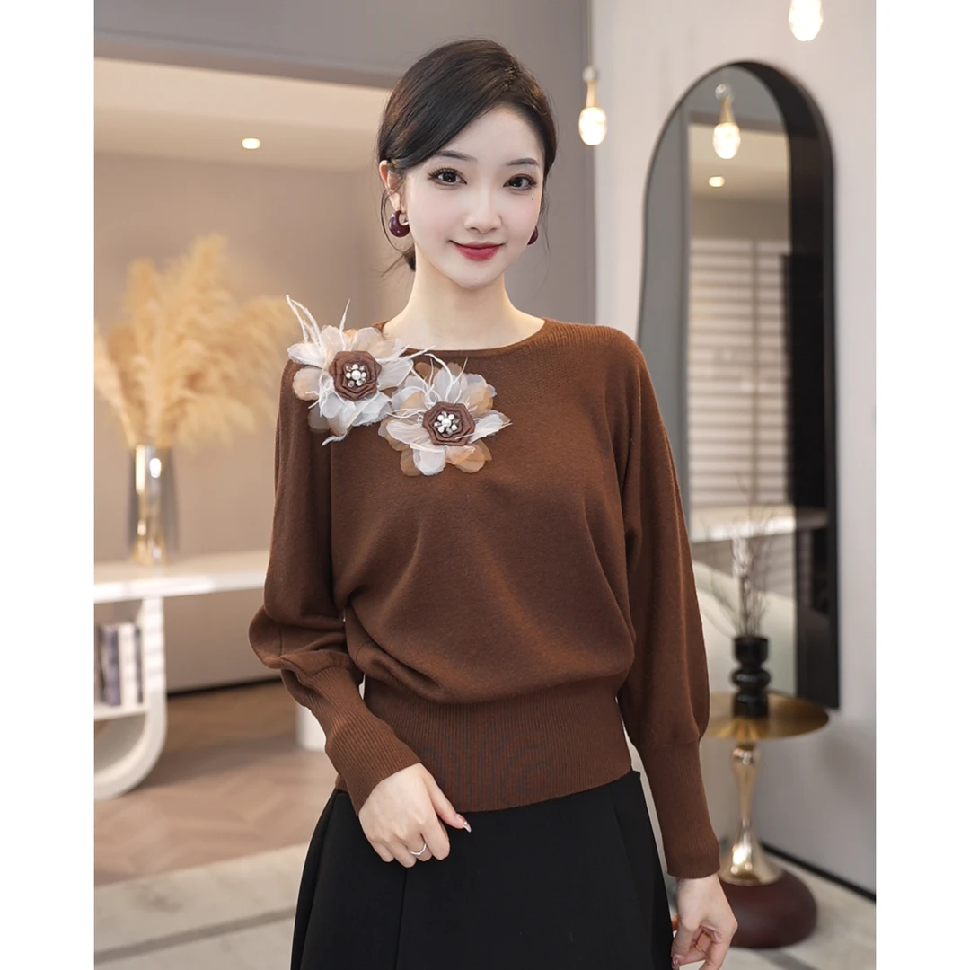 现货2026秋冬新款【LT-1214JR】含醋酸丝羊毛咖色v领宽松针织上衣