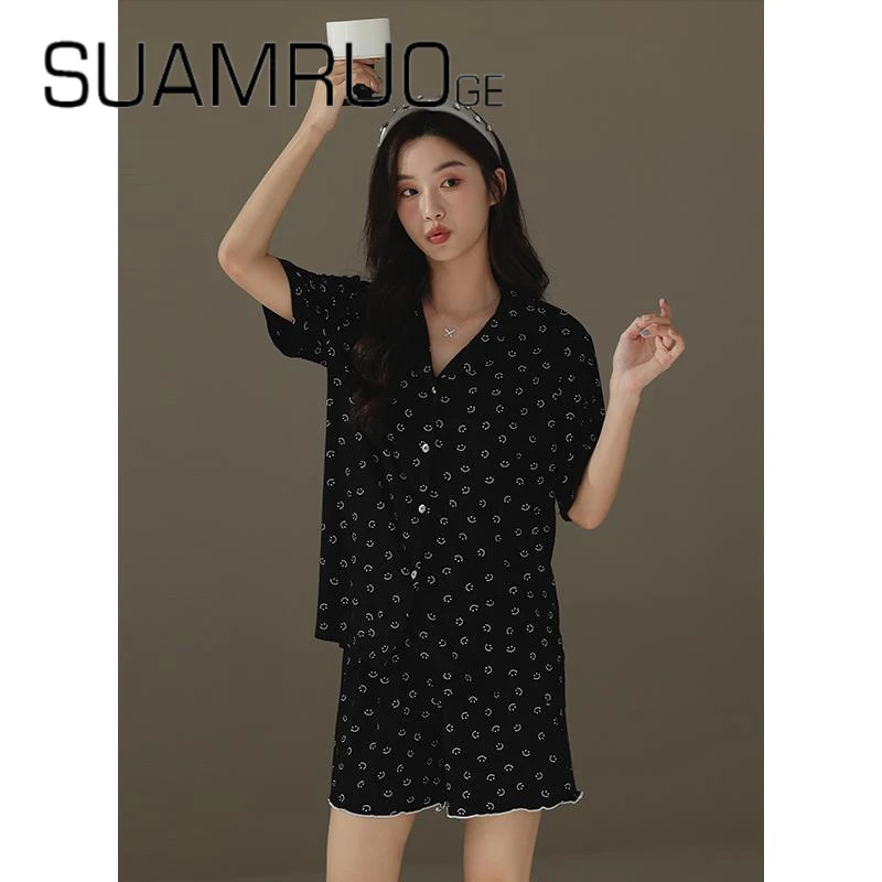 韩版休闲【凉感】黑色睡衣女夏季薄款短袖可爱宽松外穿家居服套装