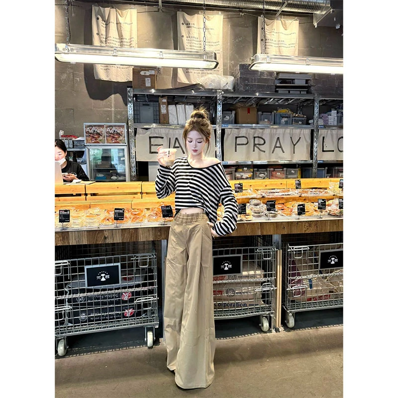 INS风夏季新款休闲百搭时尚洋气设计感条纹长袖上衣高腰阔腿裤女