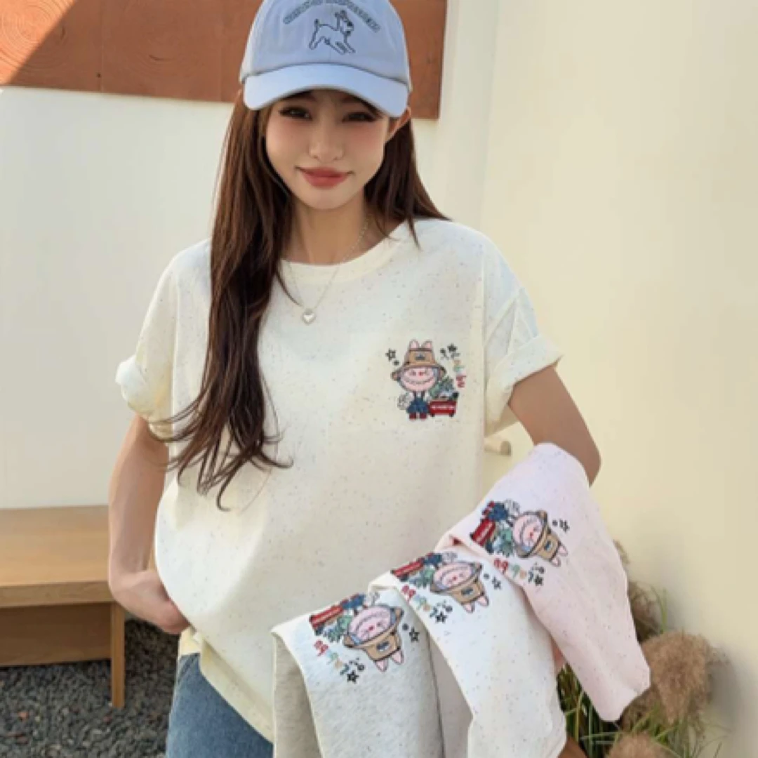 拉布布刺绣彩点棉韩版圆领宽松半袖ins设计感纯棉卡通百搭
