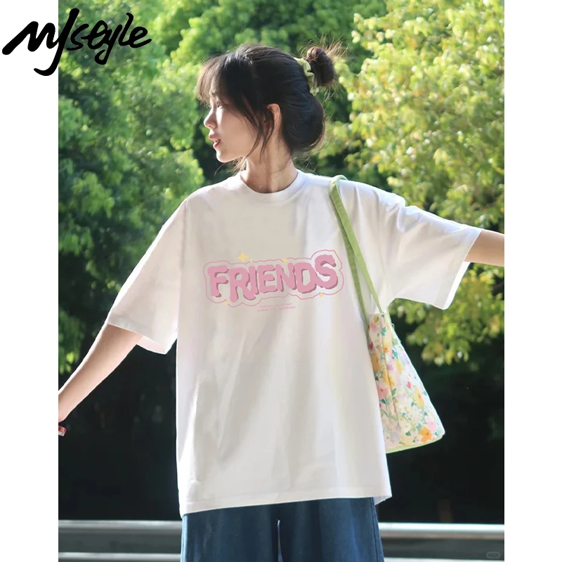 MJSTYLE杏色短袖t恤女夏季2025新款爆款美式复古宽松纯棉半袖上衣