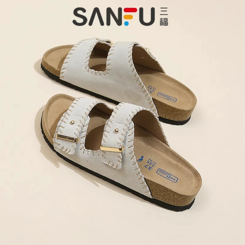 三福厚底勃肯鞋女夏季外穿半拖鞋2025年懒人博肯凉拖鞋海边沙滩鞋