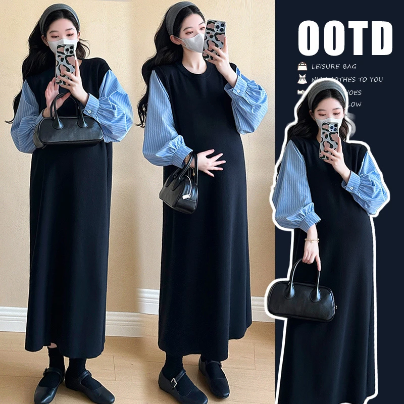 孕妇装2025秋冬新款韩版时尚慵懒风气质假两件衬衫针织拼接连衣裙