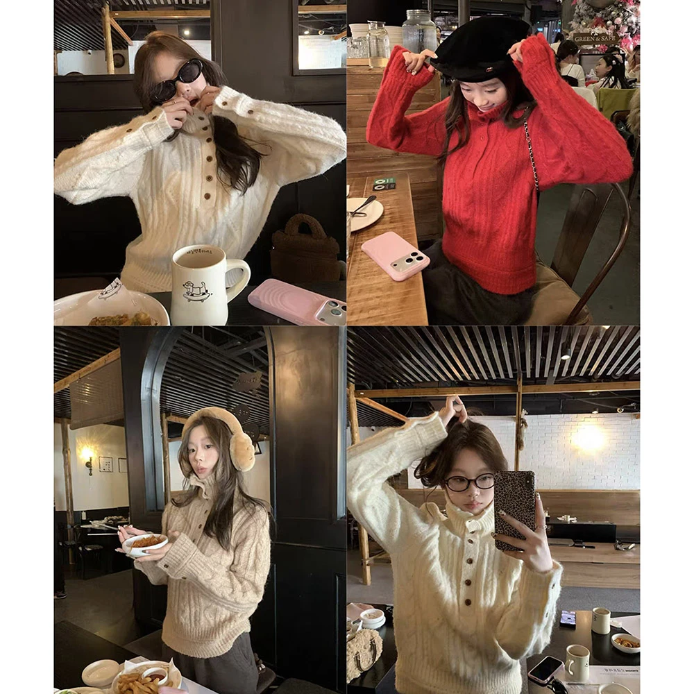 【雪季情诗】慵懒高领系扣复古绞花绒感显瘦针织红色百搭毛衣W1122