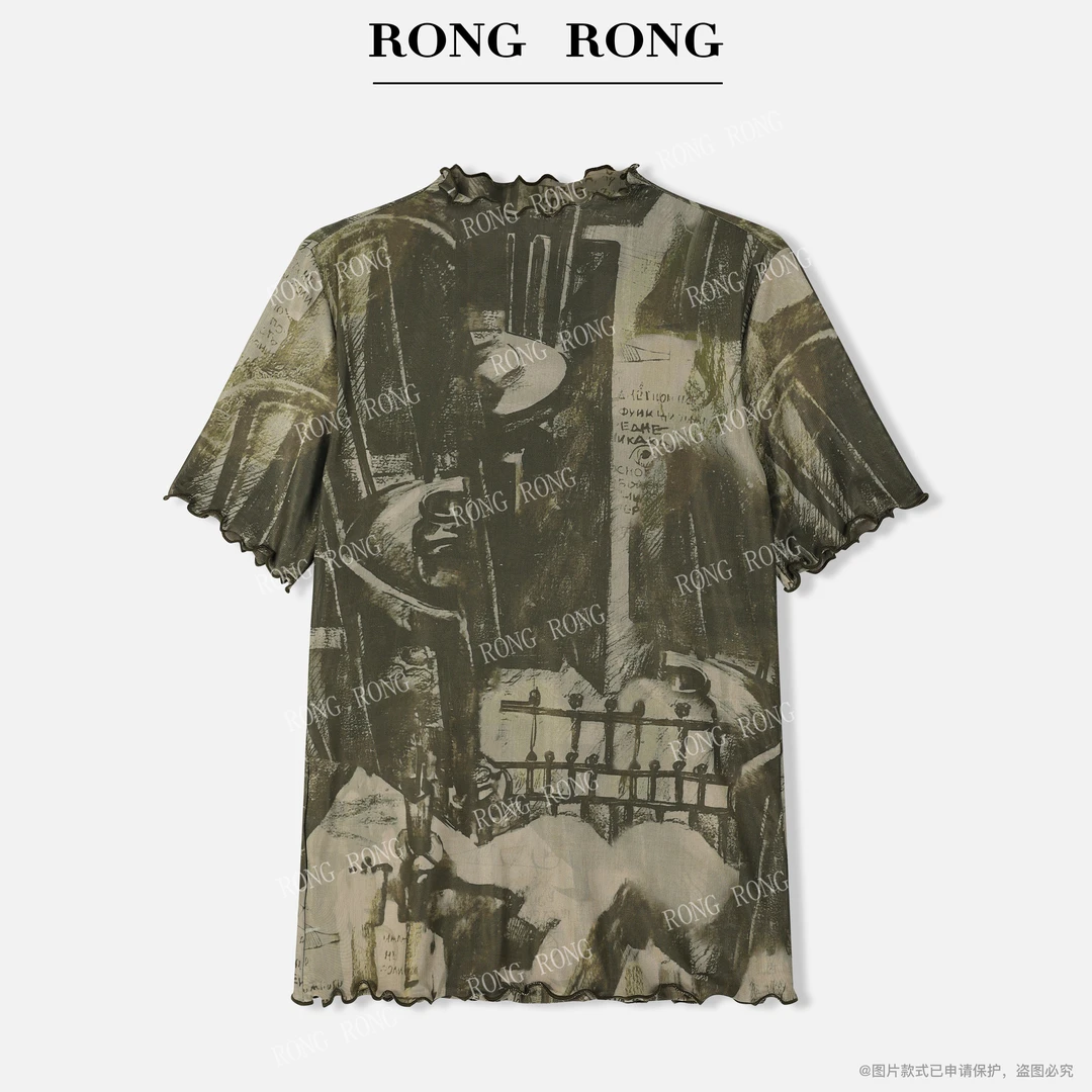 溶溶【伦敦诗报】RONGRONG 复古纯百搭显瘦网纱短袖T恤上衣T-B0043