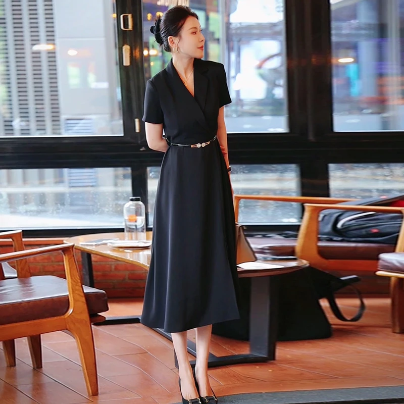 时尚长裙名媛收腰连衣裙优雅V领夏季气质短袖设计师女神范Q8030