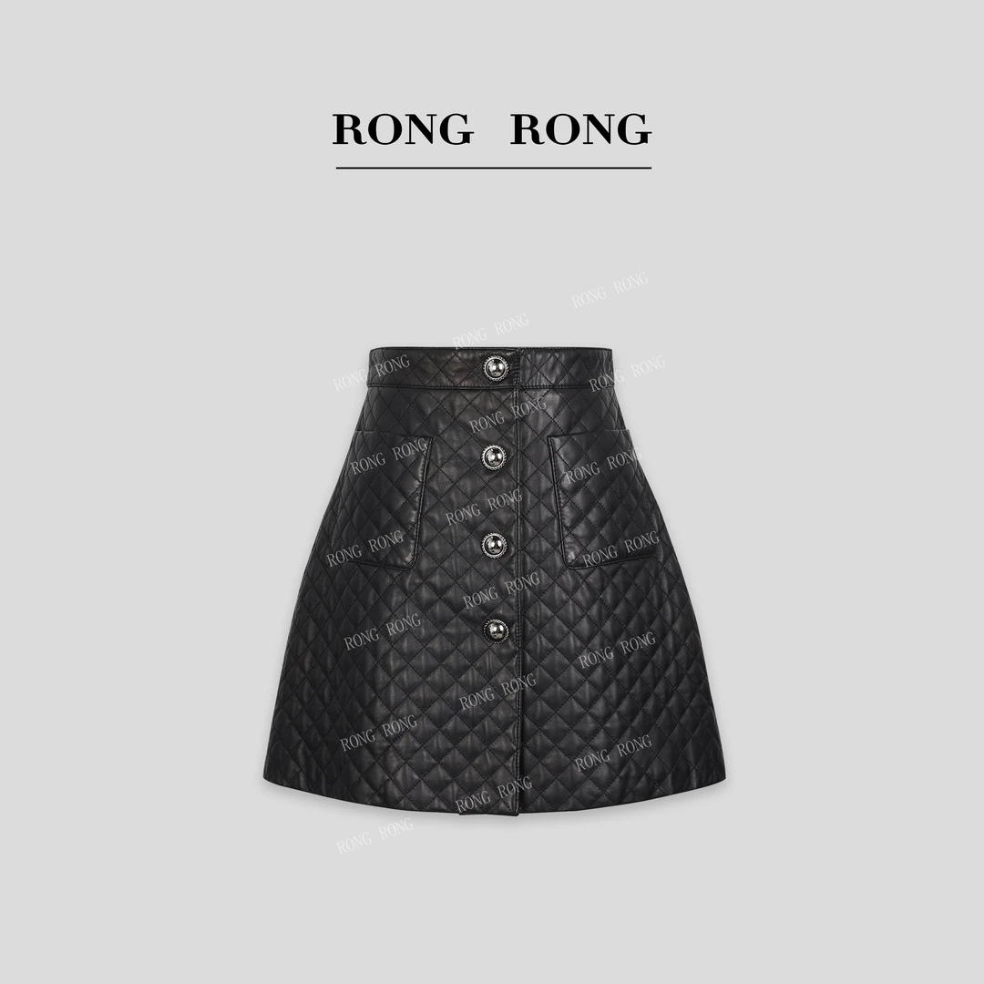 溶溶J【秀场型格】RONGRONG100绵羊皮夹棉机绣打格小香风皮裙 33813