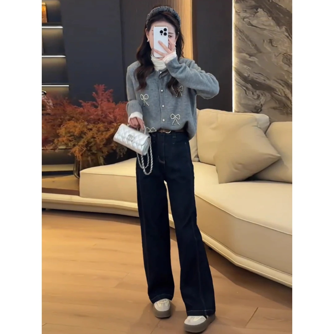 初秋新款套装小香风独特绝美设计感显瘦针织阔腿牛仔裤两件套秋冬
