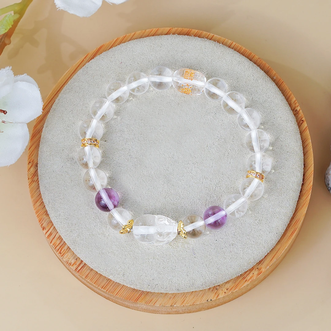 【新品】白水晶貔貅太太珠水晶手串-紫水晶-有证书