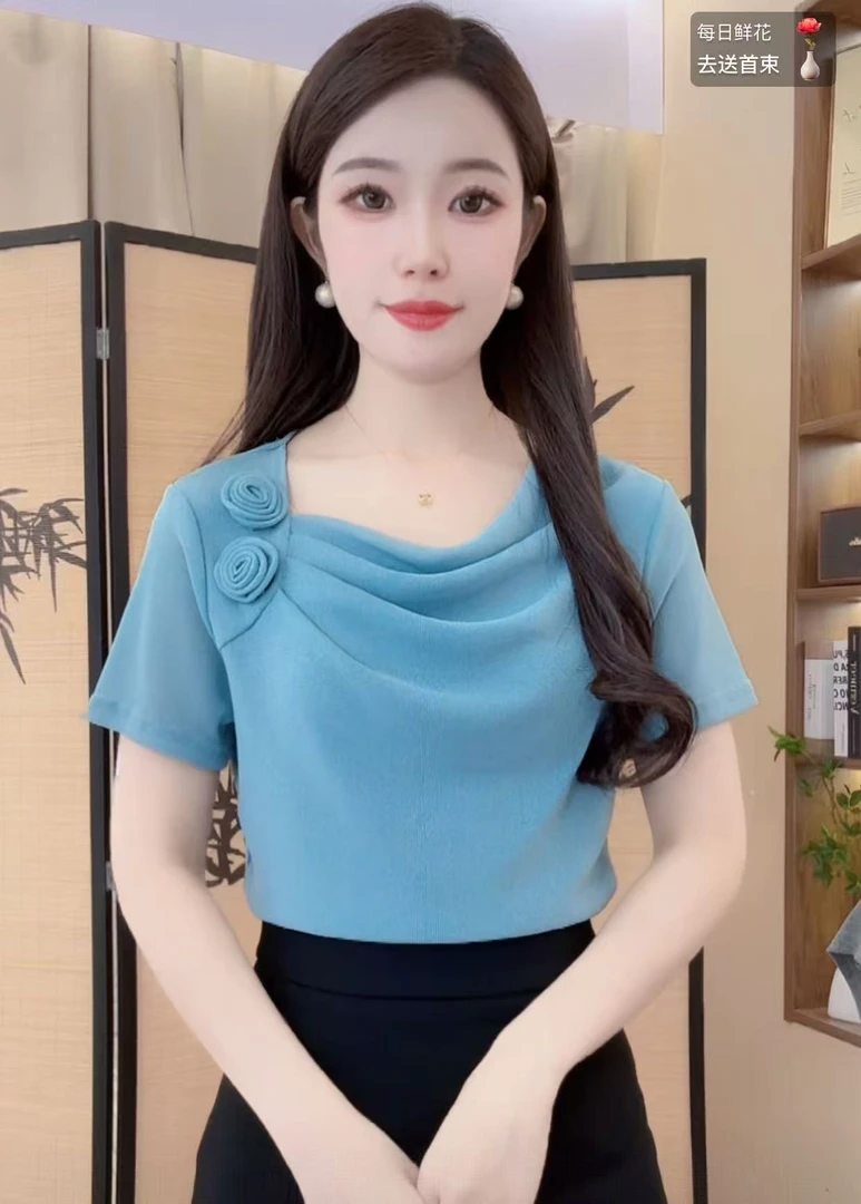 603洋气堆堆领玫瑰花网纱纯色打底衫女春季新款妈妈显瘦弹力上衣