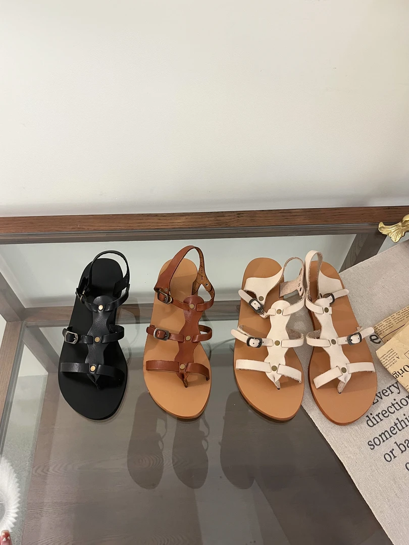 真皮女坡跟平跟时装凉鞋法式凉鞋低跟防滑鞋子晕染赫本风