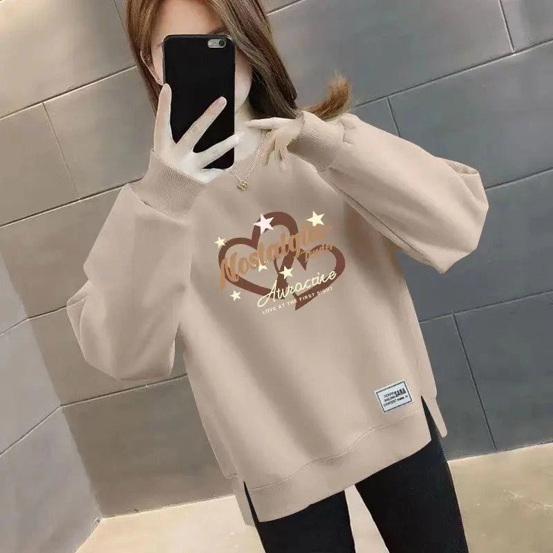 慵懒风拼接百搭破洞印花女装秋冬卫衣宽松长袖上衣冬季加绒加厚款