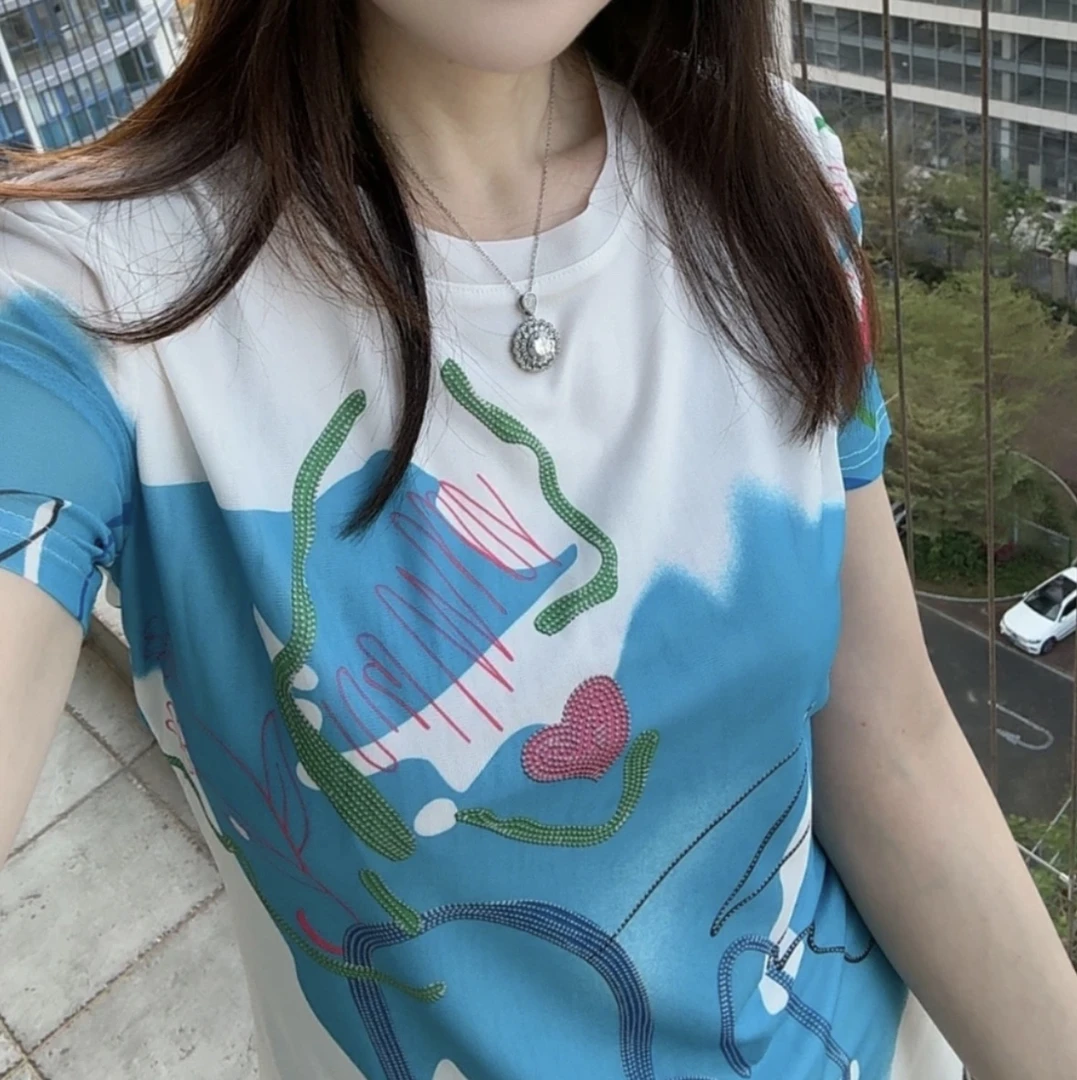 撞色涂鸦印花双层网纱圆领修身短袖气质宽松百搭休闲T恤A1017