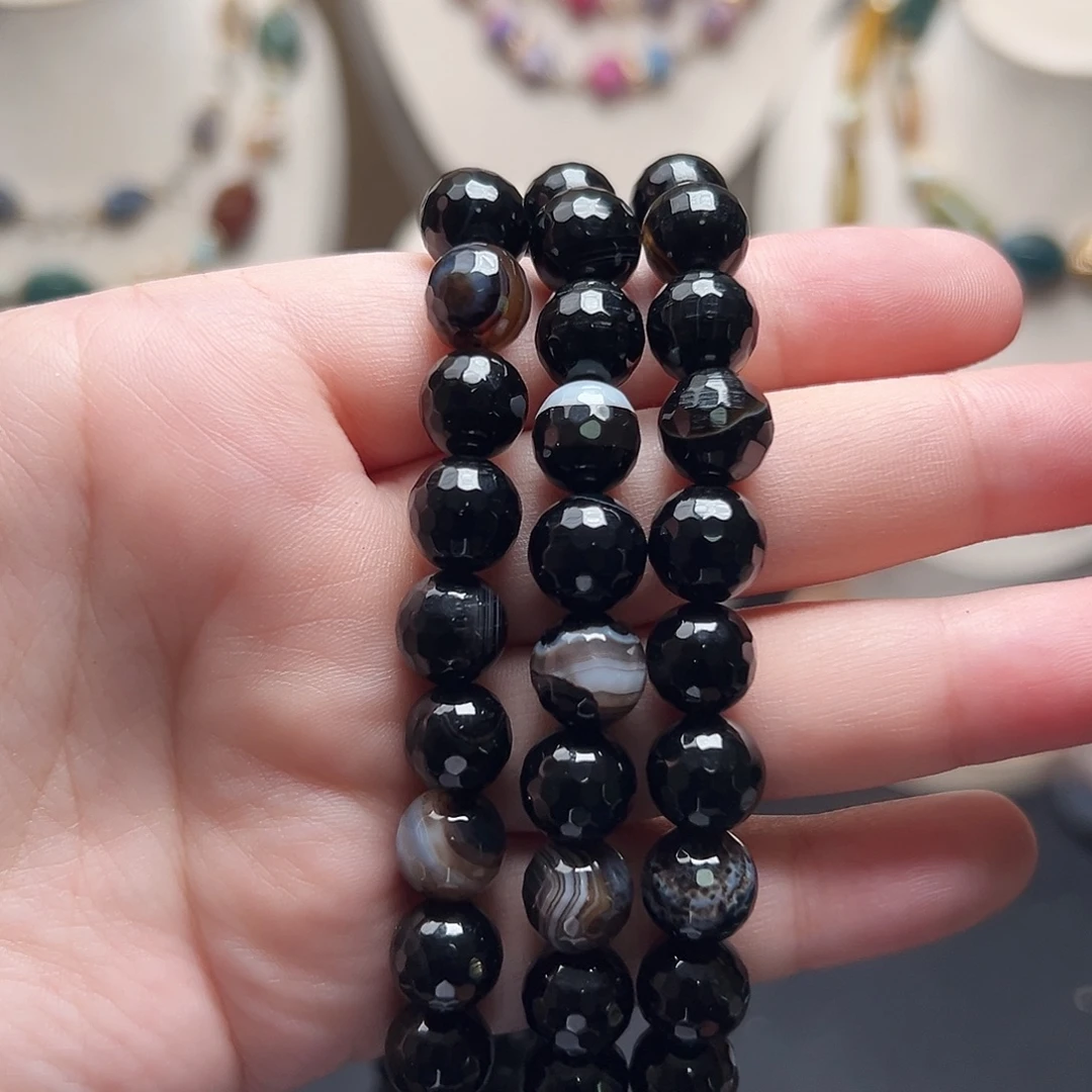 玛瑙/玉髓合金珠宝半成品W368，9.8mm缠丝玛瑙切面圆珠一条