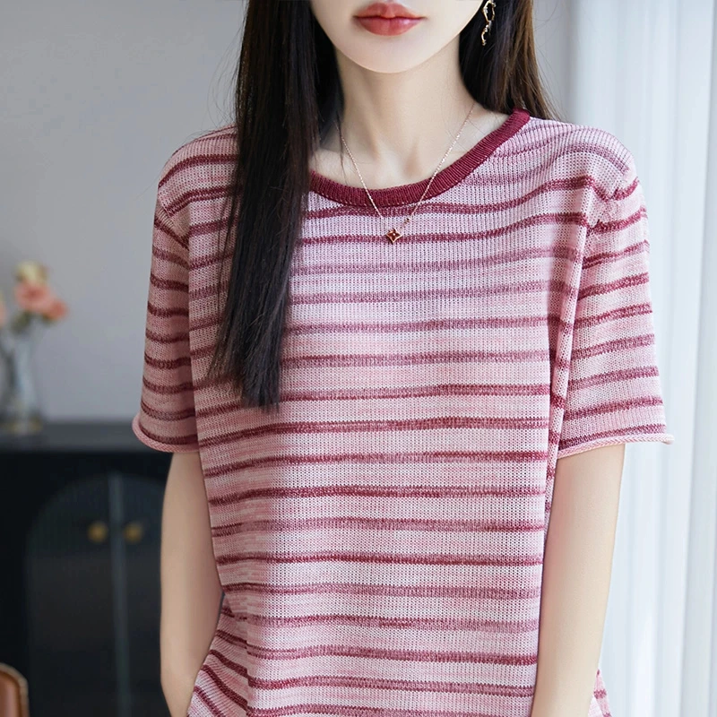 珍珠麻拼色条纹圆领短袖清新减龄女宽松休闲百搭清新减龄卷边T恤