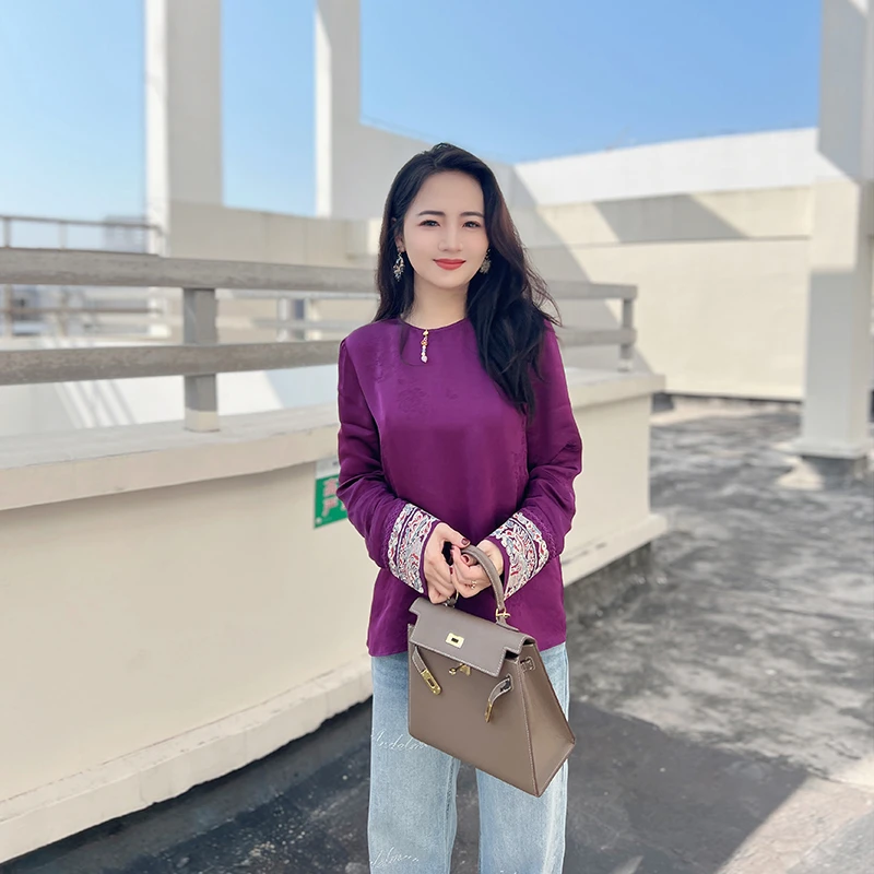 复古新中式国风 人丝紫色提花衬衫圆领重工刺绣