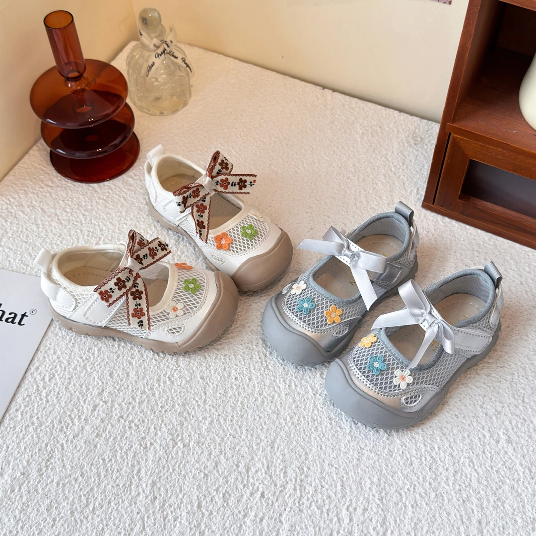 女童韩版凉鞋2025春夏新款时尚蝴蝶结网面公主鞋宝宝防滑休闲单鞋