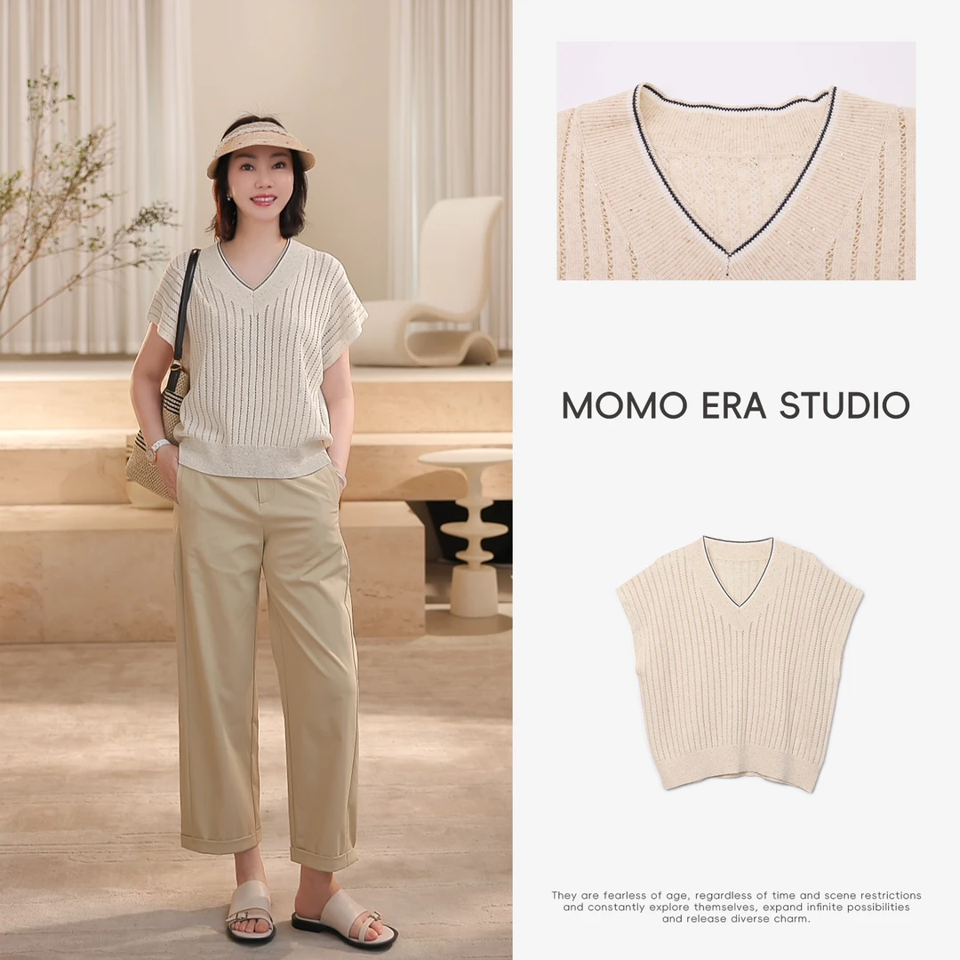 17671 ZZSY 亚麻撞色V领镂空针织上衣