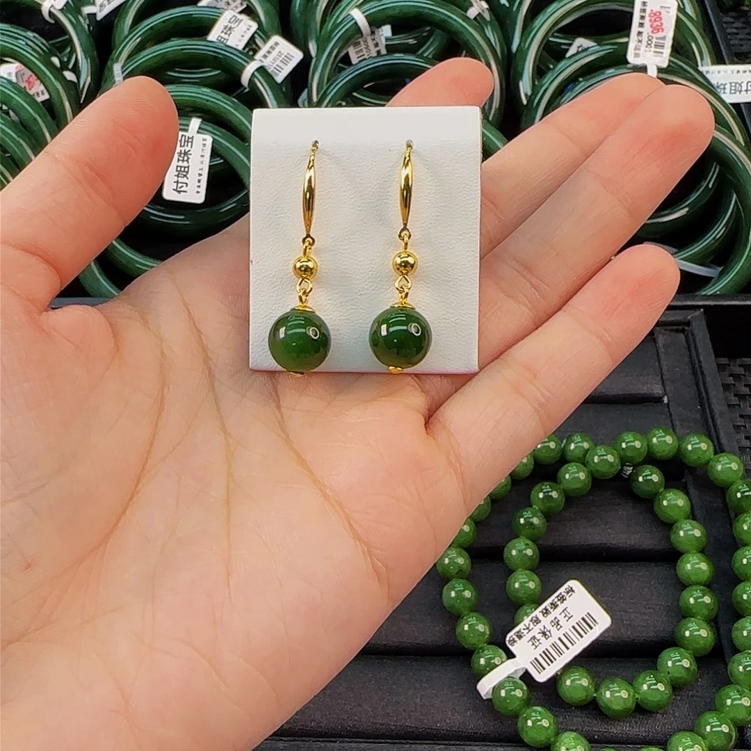 银S925镶嵌和田玉耳饰碧玉单珠耳饰