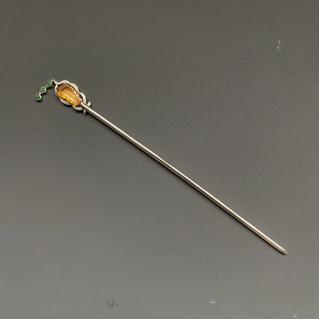 女中国风步摇中性发簪设计天然A货翡翠金黄翡银镶头饰复古新中式