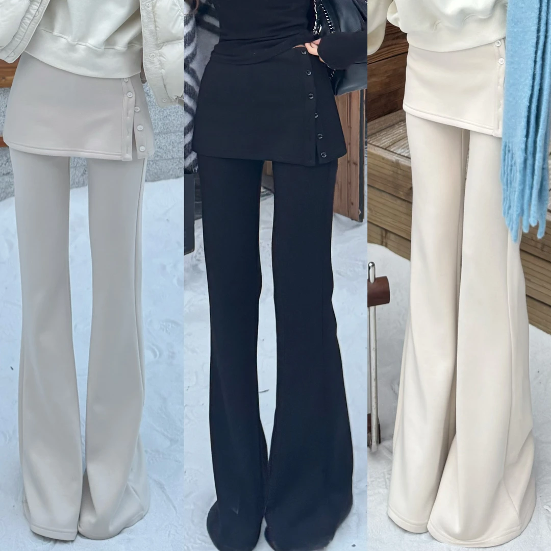 【一条过冬】巨显瘦设计感假两件臀帘加绒微喇休闲裤时尚屁帘裙裤