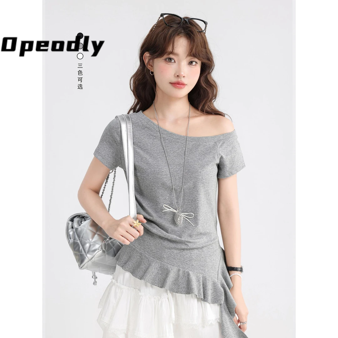 Opeodly花灰色甜美减龄韩系修身显瘦荷叶边夏季斜领露肩T恤短袖