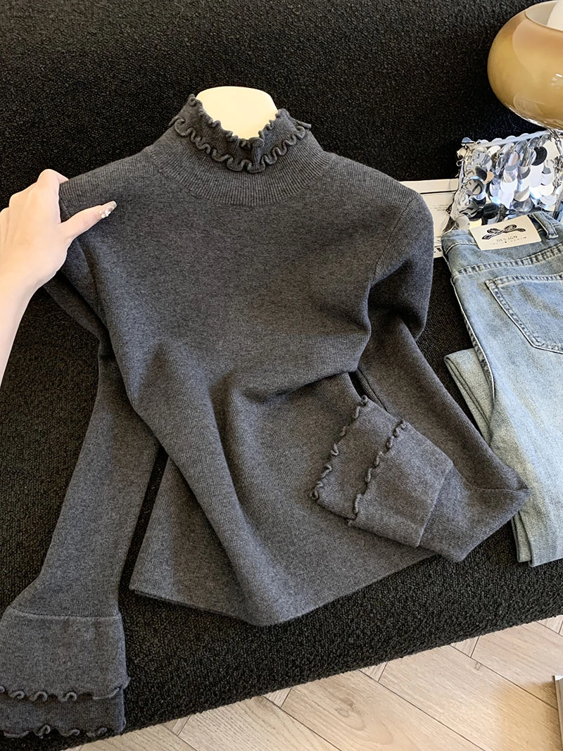 韩系双层花边针织打底衫女2025秋冬新款设计感修身百搭长袖T恤女