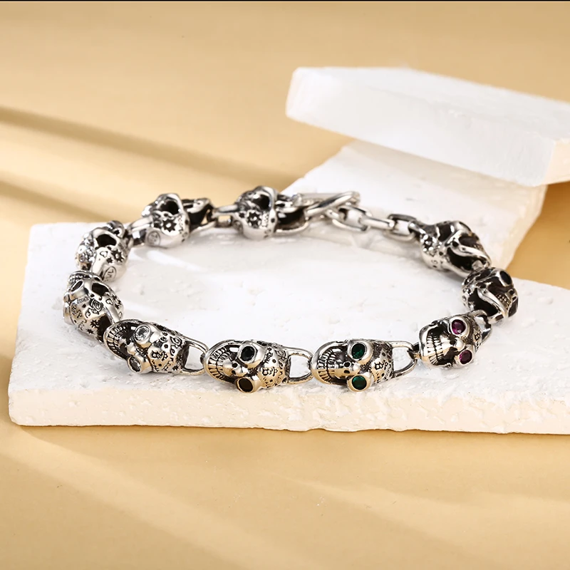 925银手链 复古个性绿锆涂鸦骷髅项手链