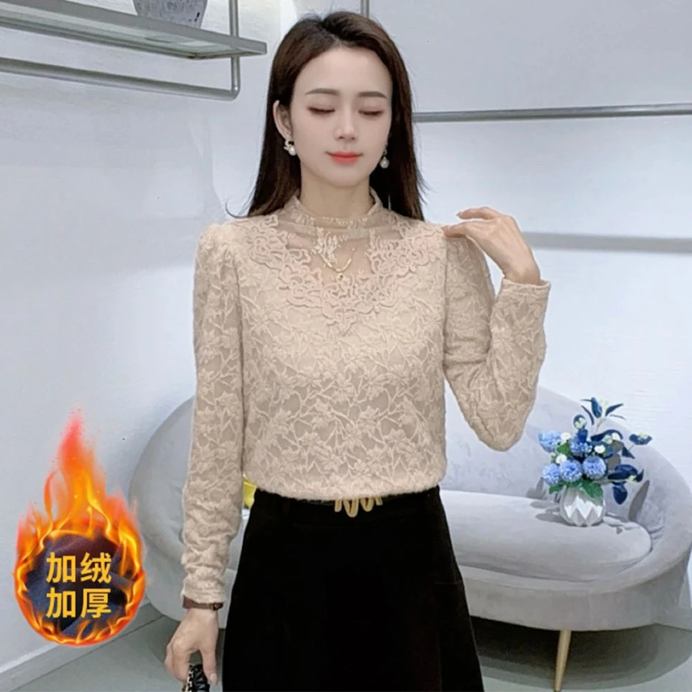 时尚加绒加厚蕾丝打底衫女2025冬季新款洋气修身显瘦百搭保暖上衣