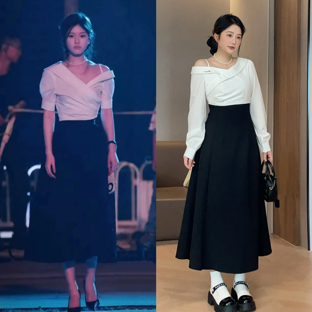 大萌萌【露思同款】撞色拼接斜肩假两件连衣裙微胖显瘦P225Q18362