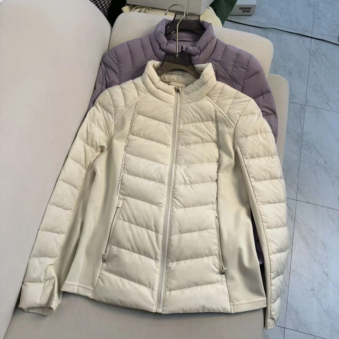 秋冬季白紫双色拼接立领薄款短款绒服外套