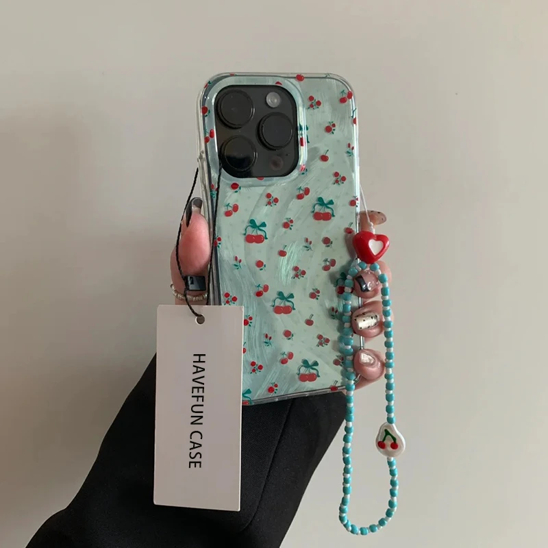 小清新樱桃碎花适用iPhone16苹果13手机壳15链条华为vivo小米oppo