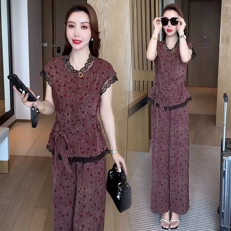 时尚套装女士2025年夏季新款洋气显瘦气质短袖上衣阔腿裤两件套薄