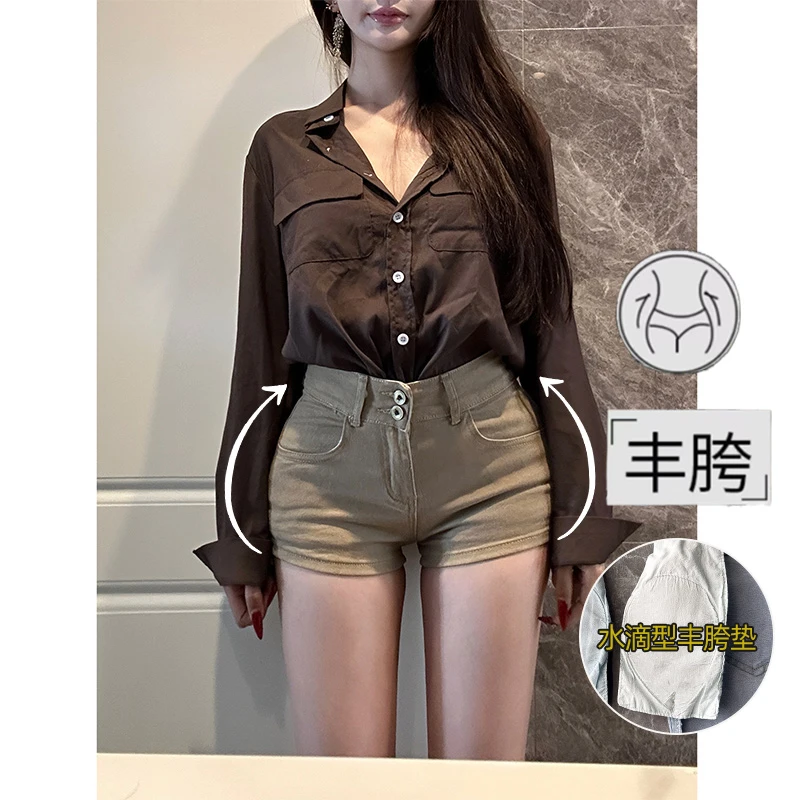 设计感低腰双扣丰胯牛仔短裤女2025夏季新款百搭浅卡其显瘦热裤