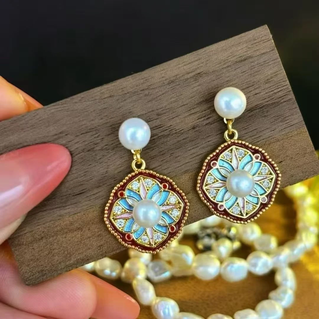 正宗纯天然淡水珍珠菱形珐琅彩窗花宫廷复古油画感耳钉项链两件套